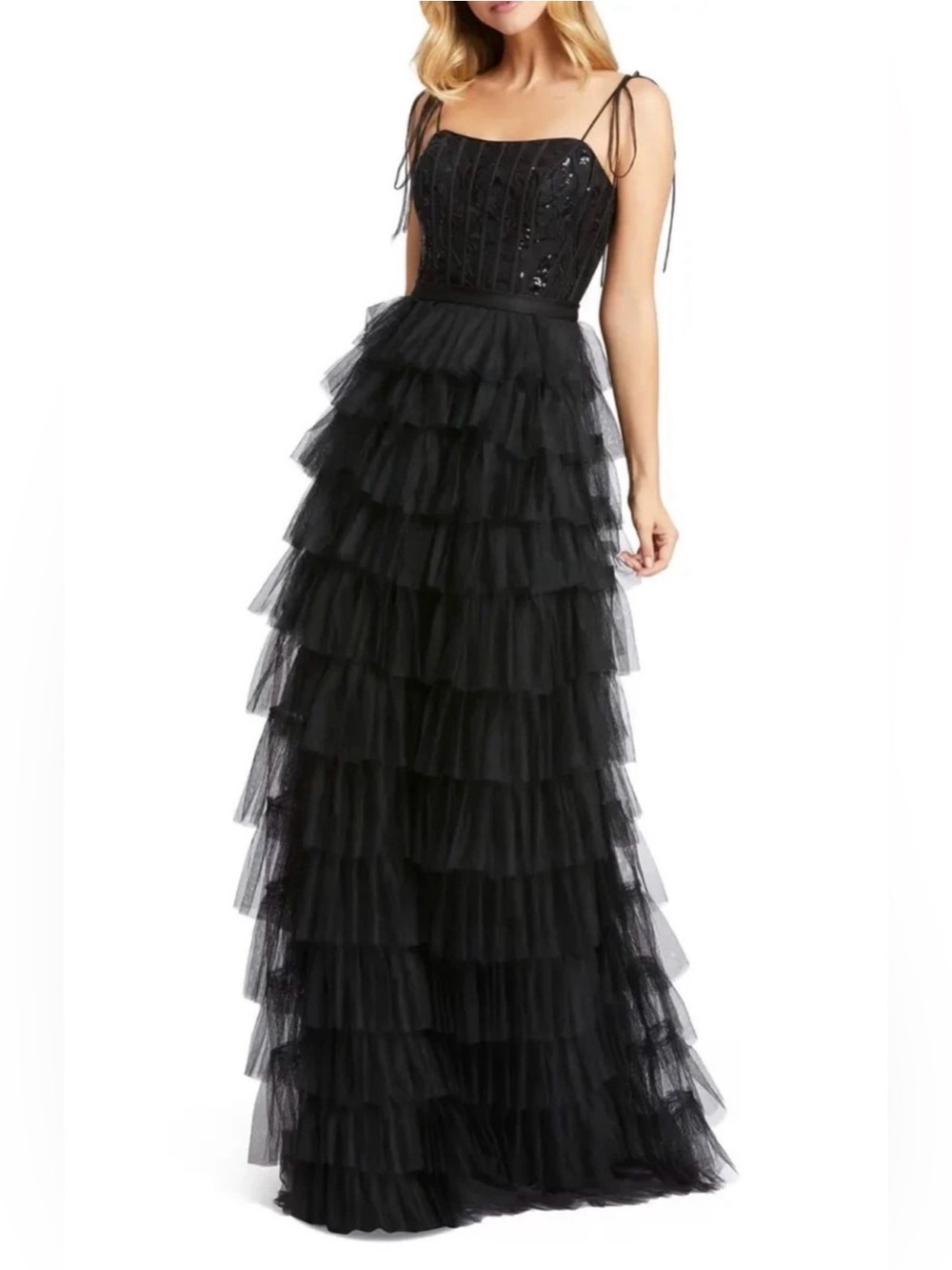 Ieena Mac Duggal Black Sequin Bustier Tier Tulle Gown Dress
Sz 12
MSRP $498
NWT